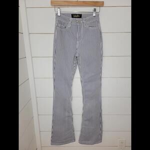 Indigo Rein size 0 blue & white railroad stripe flare denim jeans